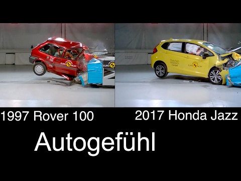 20 years of crash test evolution comparison 1997 Rover 100 vs 2017 Honda Jazz