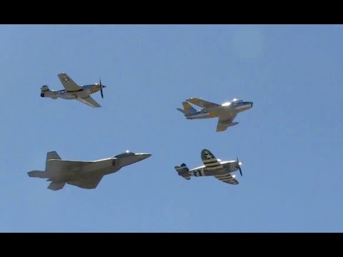 F-22 Raptor, P-51 Mustang, P-47 Thunderbolt & F-86 Sabre Flying In Unison