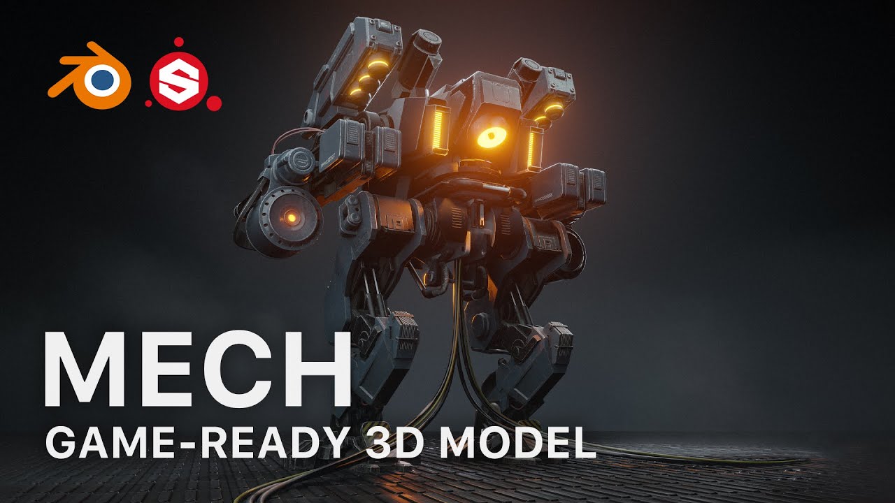 3D Mech Robot. High-to-Low Poly Game-Ready 3D Model with Blender, Eevee, and Substance Painter