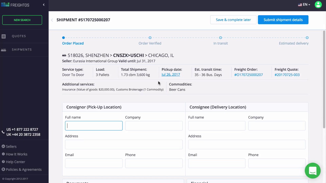 Freightos product dashboard, from official YouTube demo