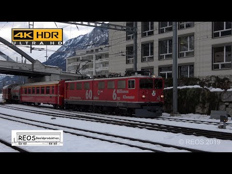 2019-01-30 [4K] RhB Bahnhof Chur in winter in stunning 4K - Mix of old and new - Ge 6/6 meets Re 6/6