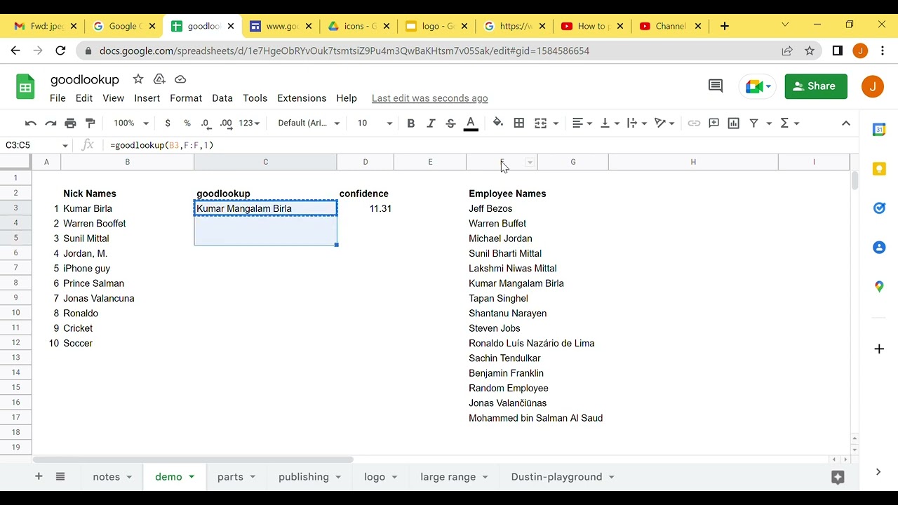 goodlookup for google sheets - fuzzy matching employee names / nick names