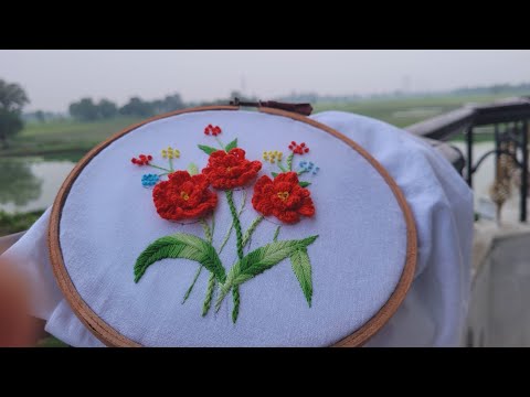  “Stitched to Life: Bold Blossoms in Red” #3dembroidery #handbroidery #anchor 