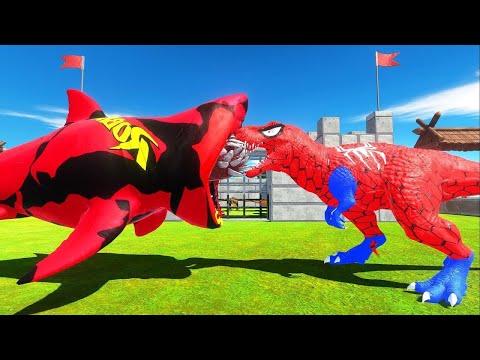 SPIDER-MAN T-REX vs MEGALODON DEATH RUN - Animal Revolt Battle Simulator