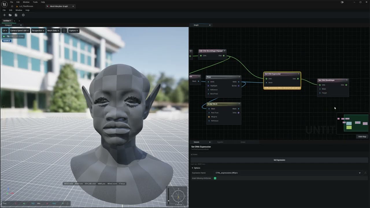 The head with sculpted elf ears next to a graph running Edit DNA Blendshape Channel, Pose, Sculpt Mesh, Set DNA Expression and Set DNA Blendshape