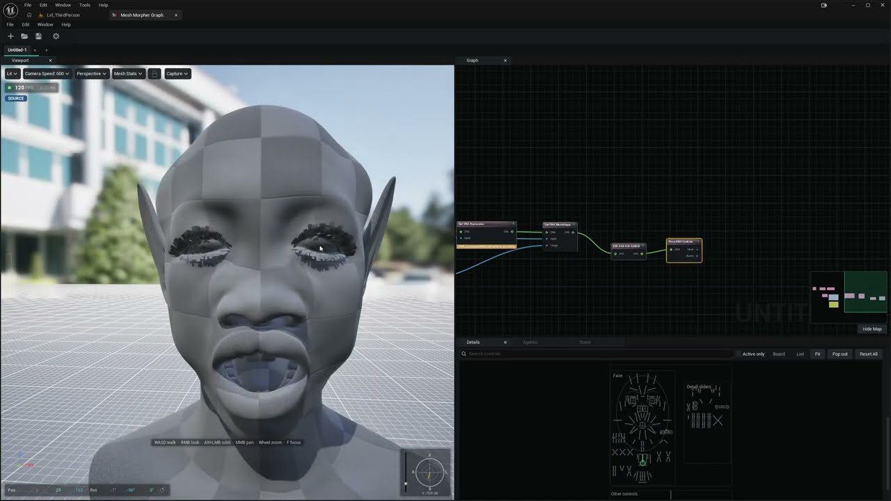 Pose DNA Controls posing the head with the new ElfEars expression and the mouth open, with the face board in the details panel