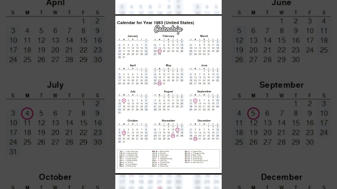 Calendar 1983 #monthsoftheyear