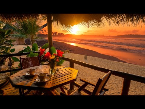 Beach Sunset Cafe Ambience with Relaxing Hawaiian Guitar Music & Crashing Waves Sound for Relax