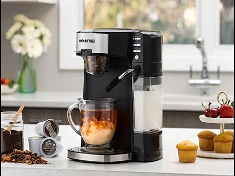 Catalog Appliances Coffee Makers Gourmia Single Serve K Cup Pod Coffee Maker with Built In Frother Black Stainless Steel