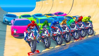 GTA 5 🚀 SPIDERMAN vs SUPERHERO Mega Stunt Race | Insane Motorcycle Challenge 🔥🏍
