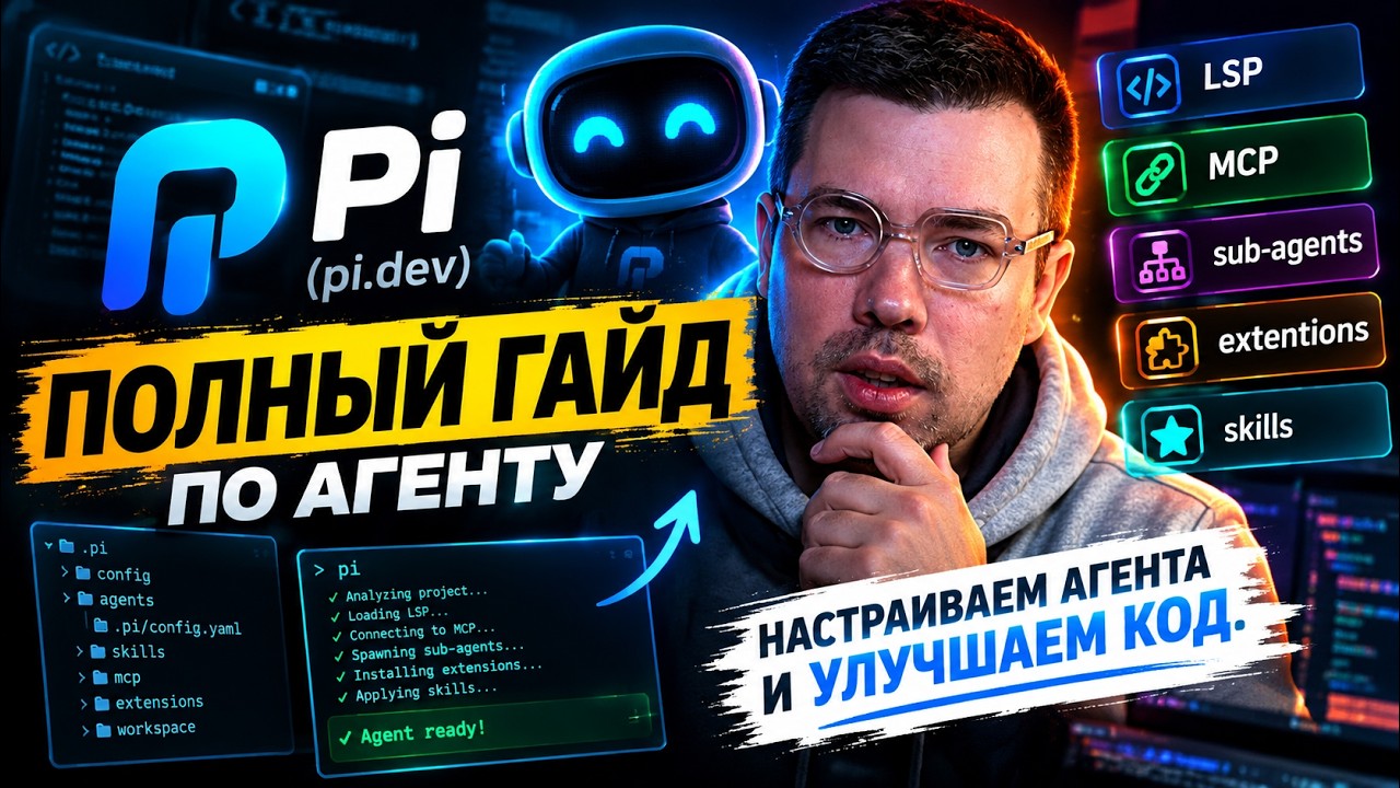 Агент Pi. Полный гайд по агенту. LSP, MCP, extentions, skills. Настраивам агент и улучшаем к