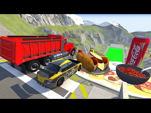 Crazy Vehicle High Speed Jumps Over Hot Dog And Coca Cola In Green Slime Pool - BeamNG.drive Jumps