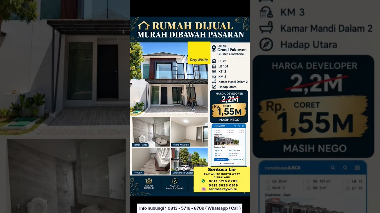 Dijual Rumah Baru Grand Pakuwon Cluster Gladstone - New Modern 2 Lantai - 3 Kamar Tidur Spesial 2 Masterbedroom Plus K. Mandi Dalam - Dekat Food Junction , Sekolah Sampeorna Academy, Sekolah Gloria,Margomulyo - Surat SHM