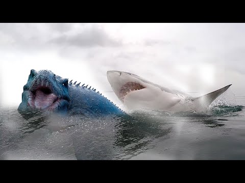 Great White Shark Size Attacks and Bites on a Big Mosasaurus Dinosaur
