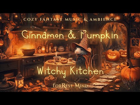 🍂🥐 Cinnamon & Pumpkin Witchy Kitchen • Cozy Autumn Halloween Ambience, Light Rain & Fantasy Music