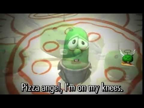 Green cartoon pepper with a halo, kneeling on a pizza-pattern background; caption reads 'Pizza angel, I'm on my knees.'