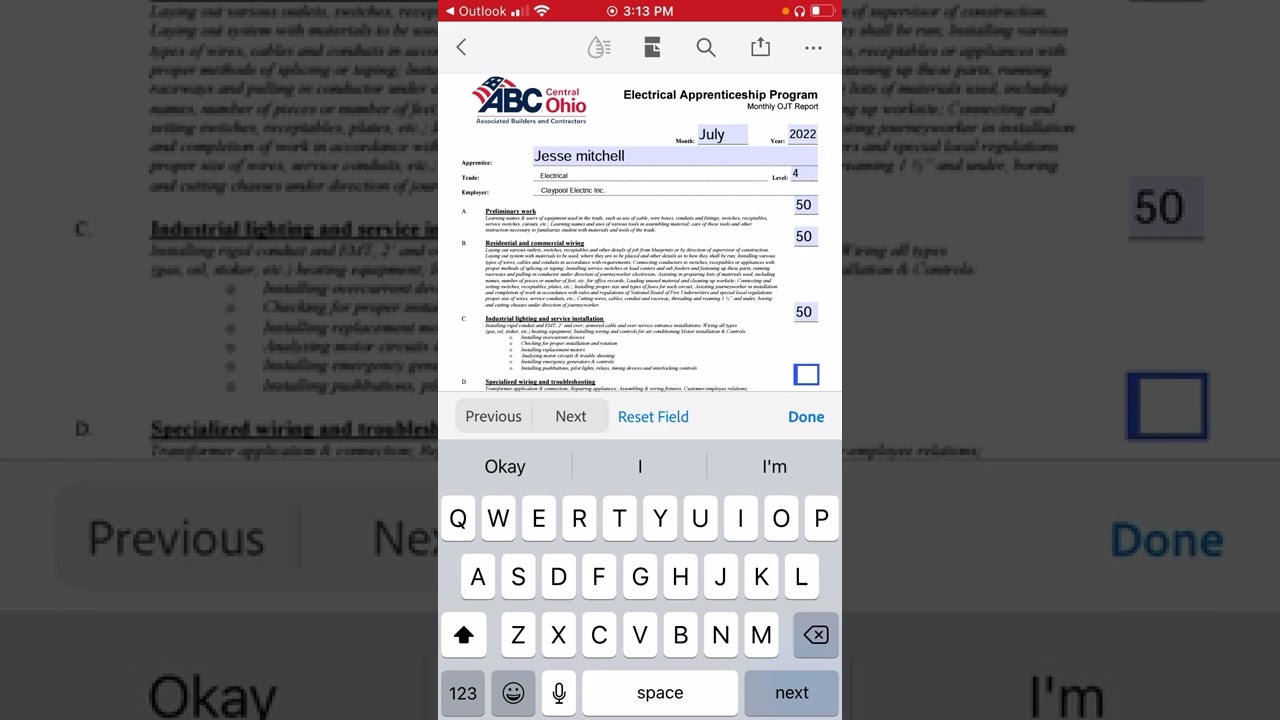 Fillable OJT form in Adobe