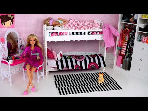 Barbie Twins Bunk Bed - Pink Bedroom Morning Routine with Wardrobe Toy