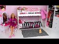Barbie Twins Bunk Bed - Pink Bedroom Morning Routine with Wardrobe Toy
