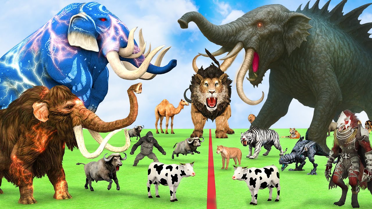 5 Giant Elephant Cow Vs Giant Angry Indian Elephant Vs 5 Giant Lion Tiger Saved By Wolly Mammoth