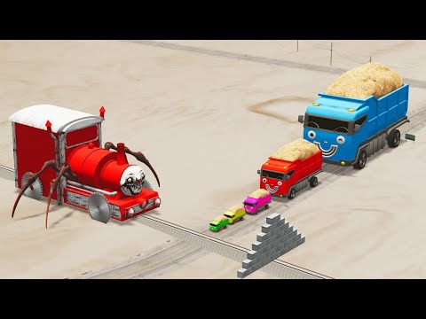 Choo Choo Charles Train Vs Sand Loaded Big & Small Tayo Truck And Friends - BeamNG.Drive