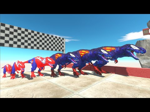 x3 Spiderman T-rex vs x3 Superman T-rex Amazing Race - Animal Revolt Battle Simulator