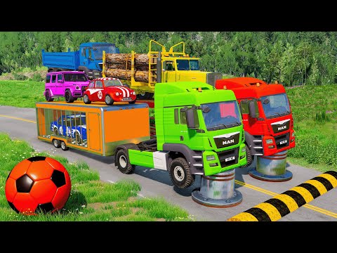 Double Flatbed Trailer Truck vs speed bumps|Busses vs speed bumps|Beamng Drive|014
