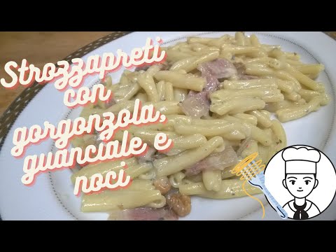Strozzapreti, gorgonzola, guanciale e noci.