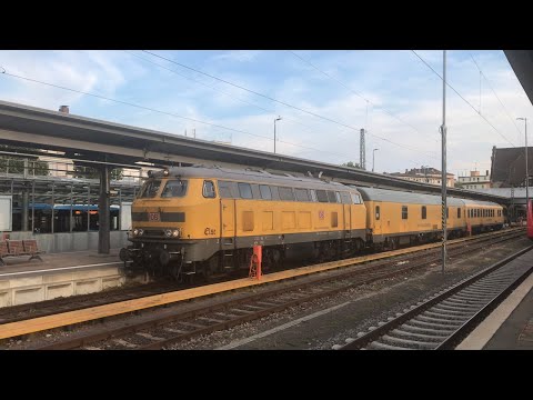 DB Netz 218 mit Messzug fährt aus dem Bahnhof Worms