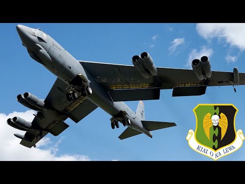 Two screaming USAF B-52s landing overhead in savage gusty winds - RAF Fairford, England [4K]