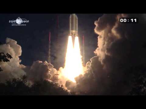 VIDEO of Ariane-V VA215 launch with Eutelsat 25B & GSAT 7
