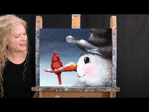 Learn How to Paint "CARDINAL AND SNOWMAN" with Acrylic Paint - Paint and Sip at Home - Easy Painting