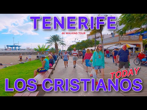 TENERIFE WALKING TOUR of LOS CRISTIANOS | Beautiful coastal promenade, Vibe and Weather Tour 4K