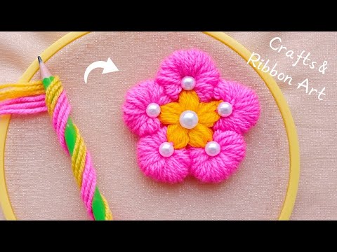 It's so Beautiful 💖🌟 Super Easy Woolen Flower Making Idea with Pencil- Hand Embroidery Flower Design