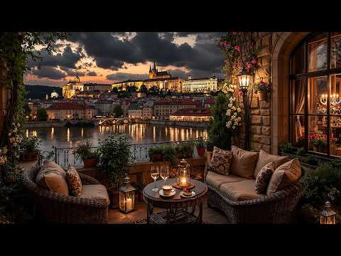 Prague Castle Night Jazz ☕ Riverside Balcony Café Ambience & Smooth Jazz Music for Focus & Work
