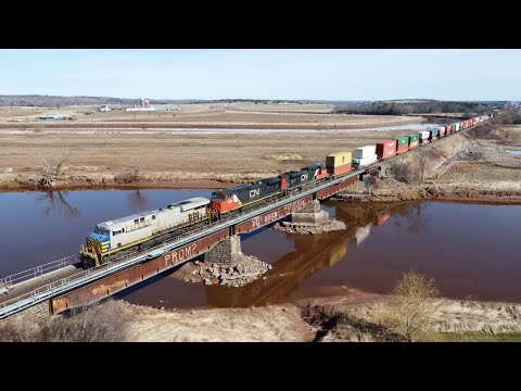 Awesome 4K View! Long & Fast Stack Train CN 120 w/ex CREX Leader & DPU on Bridge at Shubenacadie, NS