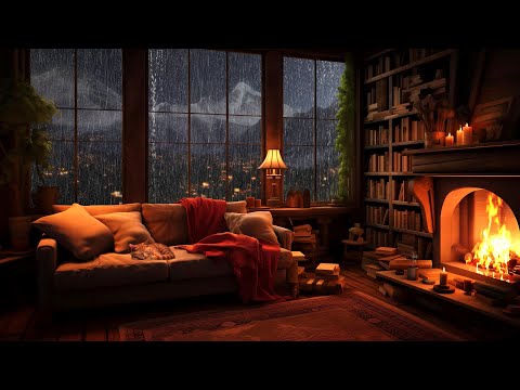 Rainy Night on Window with Crackling Fireplace & Wind Sounds for Sleep