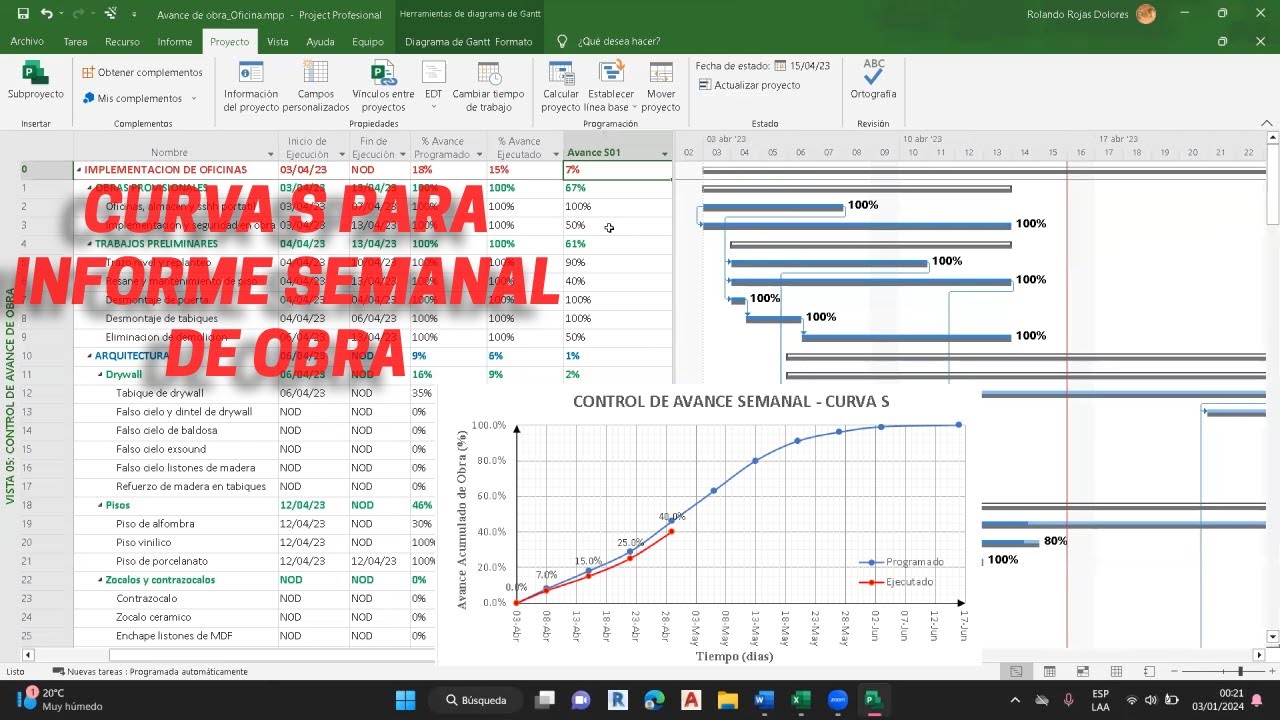 Control de avance de obra y curva S - Ms Project 2019