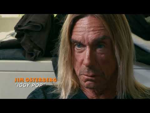 Trailer shot of Iggy Pop addressing camera, juxtaposed with crowd-surfing stills