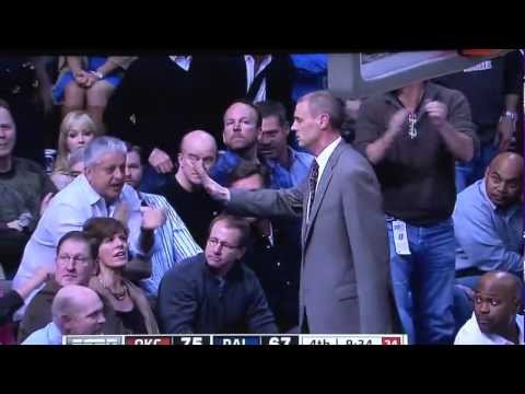 NBA Coach Rick Carlisle kicks ball & hits fan