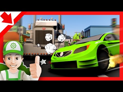 Fire at the gas station fire engine - Cartoon fireman with Handy Andy