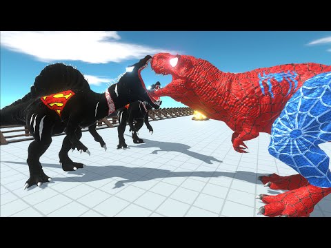 2x DARK SUPERMAN SPINO vs SPIDERMAN T-REX vs BATMAN T-REX DEATH RUN - Animal Revolt Battle Simulator