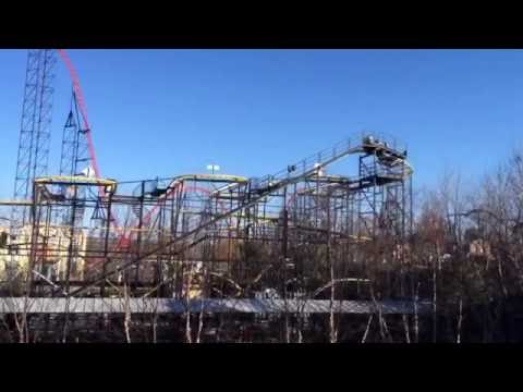 Off-ride footage of a Gotham City Gauntlet Escape from Arkham Asylum train
