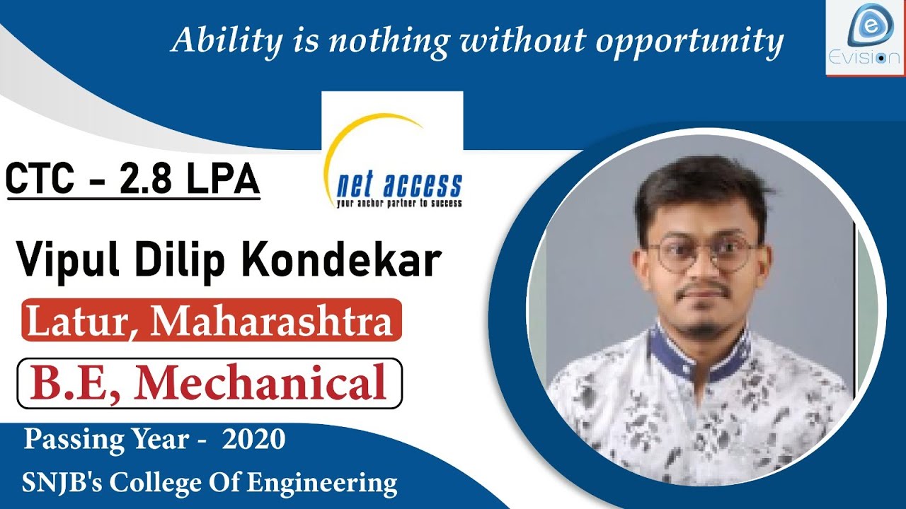 Congrats, Vipul | Selected in Net Access India Ltd | 2.8 LPA | MECHANICAL ENGINEER, PoY 2020 | Latur