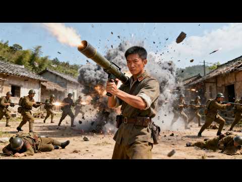 Japanese troops attack a village; a young man fires a rocket launcher, wiping them out.