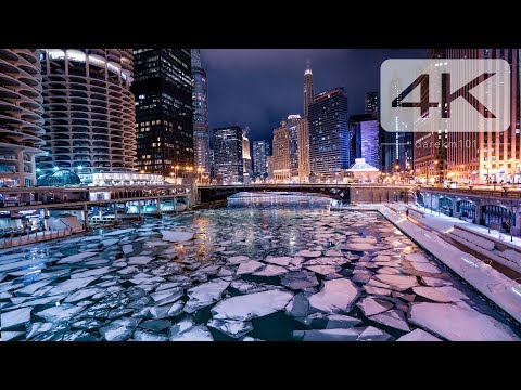 🧊 Chicago City Riverwalk - FROZEN Chicago river virtual tour polar vortex - Winter 2021 [4K]  🧊