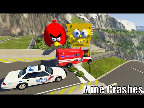 High Speed Car Jumps With Contact Mine (Explosion) - BeamNG.drive Jump With SpongeBob & Angry Birds