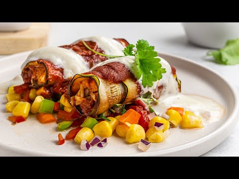 Vegan "Chicken" Zucchini Enchiladas | Low Carb + Keto-Friendly with Meaty Jackfruit Filling