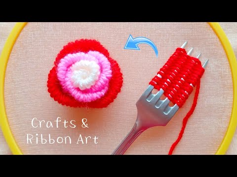 Amazing Woolen Rose Making Ideas with Fork - Hand Embroidery Easy Trick - DIY Woolen Flowers