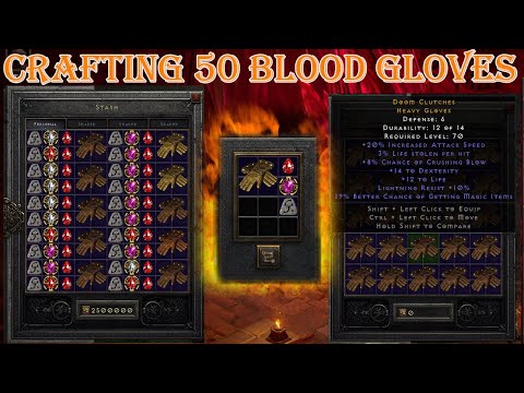 Crafting 50 Blood Gloves Using Low-Stat Rainbow Facet Jewels in Diablo 2 Resurrected